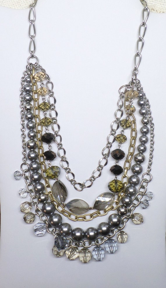 Loft Necklace Multistrand Beaded. Silver Gray Faux