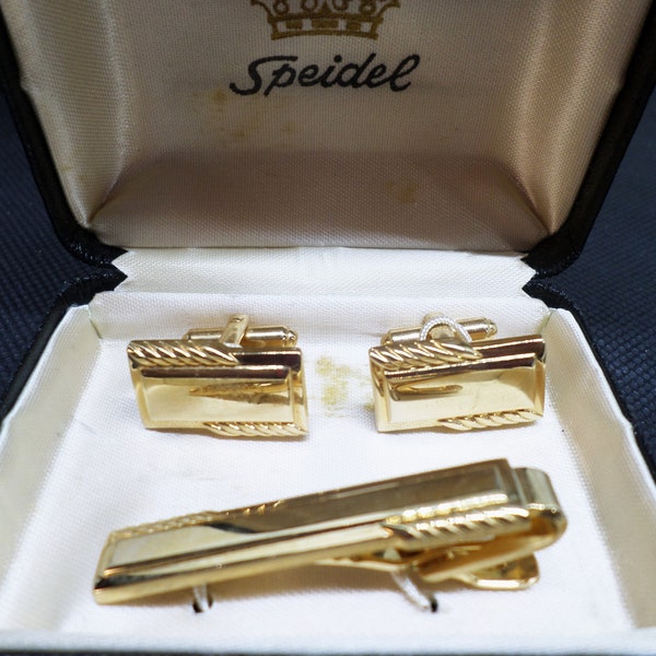 Vintage Speidel Gold Tone  Cufflinks and Tie Clip Set, Groom or Best man Gift,  Retro Jewelry Rare Find in  Original Box, Vintage Lover Gift