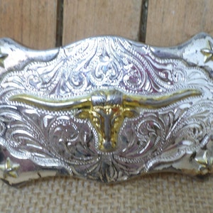 Silver Colored Western Belt Buckle, Cowgirl Cowboy Decorative Buckle, Ornate Silverton with Gold Steer Buckle, Cowboy Cowgirl Gift