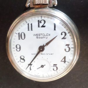 Pocket Watch Vintage, Westclox Scotty, 50s, Good Physical Condition, Vintage Pocket Watch with Leather Strap.   Gift Dad, Gift Him