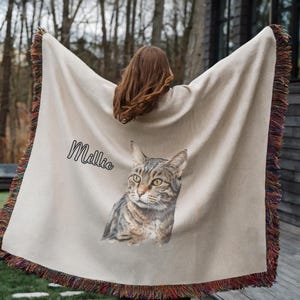 Personalized Woven Blanket, Gray Tabby Cat Blanket, Love Gift Valentines, Cat or Dog Photo for you or Favorite Pet, Gift Mom