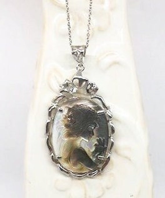 Retro 80s Cameo Black Mother of Pearl Silver Tone… - image 1