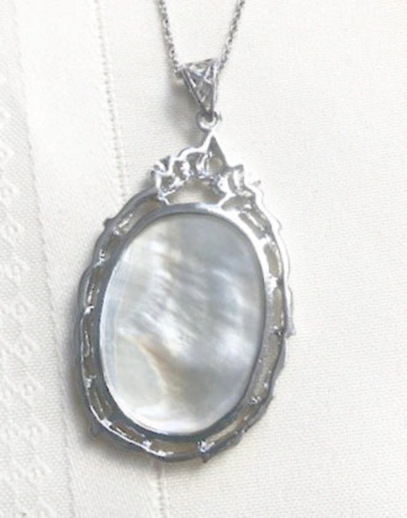 Retro 80s Cameo Black Mother of Pearl Silver Tone… - image 2