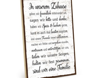 TypeStoff Holzschild mit Spruch – Familie Regeln HAUSORDNUNG – shabby chic retro vintage nostalgie deko Bild bunt im used-look  HS-00058