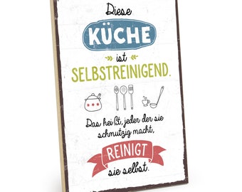 TypeStoff Holzschild mit Spruch – Diese Küche ist Selbstreinigend – im Vintage-Look mit Zitat als Geschenk und Dekoration HS-00457