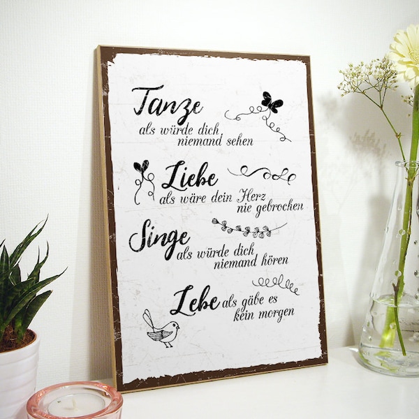 TypeStoff Holzschild mit Spruch – Tanze, Liebe, SINGE, LEBE – shabby chic retro vintage nostalgie deko bunt im used-look - HS-00271