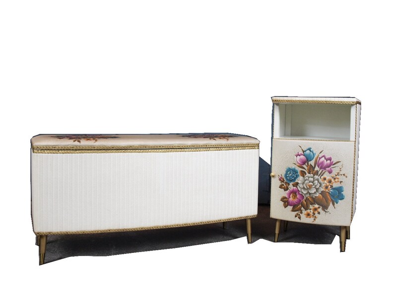 Mid Century Vintage 1950s 60s Lloyd Loom Style Bedroom Set Ottoman And Bedside Cabinet