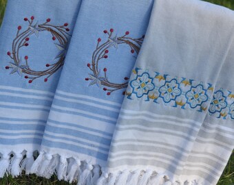Custom Embroidered Kitchen Hand Towels in Blue, Gray or Green