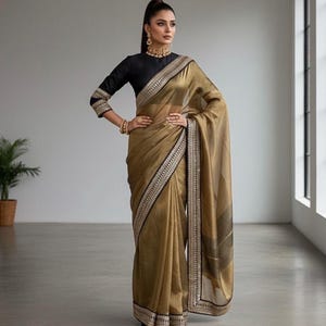Golden Tissue Silk Saree Indian Wedding Sari with Embroidered Blouse