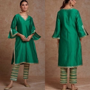 Hand Embroidered Chanderi Silk Suit: Indian Salwar Kameez, Plus Size