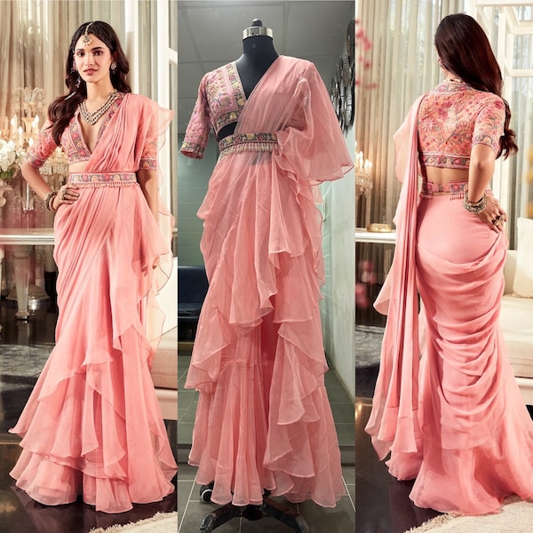 Rüschen Saree mit Gürtel Saris für Frauen Hochzeitskleid mit genähter Bluse Rüschen Sari Indowestern Abendkleider Outfit