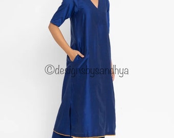 Blue Raw silk pant suit kameez handmade punjabi suit Indian womens party wear dresses kurti with trouser