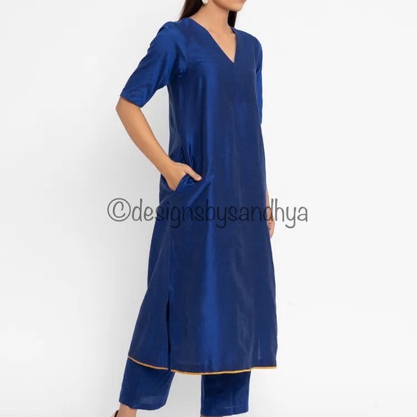 Blue Raw silk pant suit kameez handmade punjabi suit Indian womens party wear dresses kurti with trouser