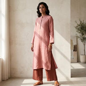 May include: A dusty rose-colored tunic with a mandarin collar and long sleeves, paired with wide-leg rust-colored pants. The outfit is completed with brown leather sandals. The ensemble is made of a lightweight fabric.