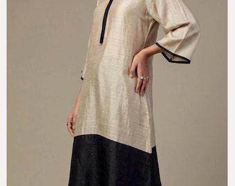 Tussar Silk Color Block Kurta Set Custom Plus Size Festive Wear Indian Salwar Kameez