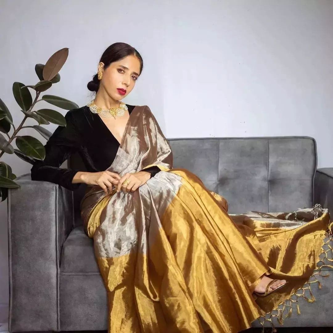 Silk Sarees for Women Gold Pure Tissue Indian Wedding Sarees photo
