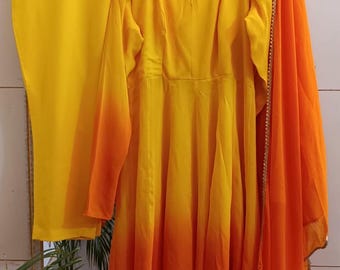 パンジャビ スーツ 3点　アナルカリ　イエロー/ブルー パンジャビ スーツ 3点 アナルカリ イエロー⁄ブルー