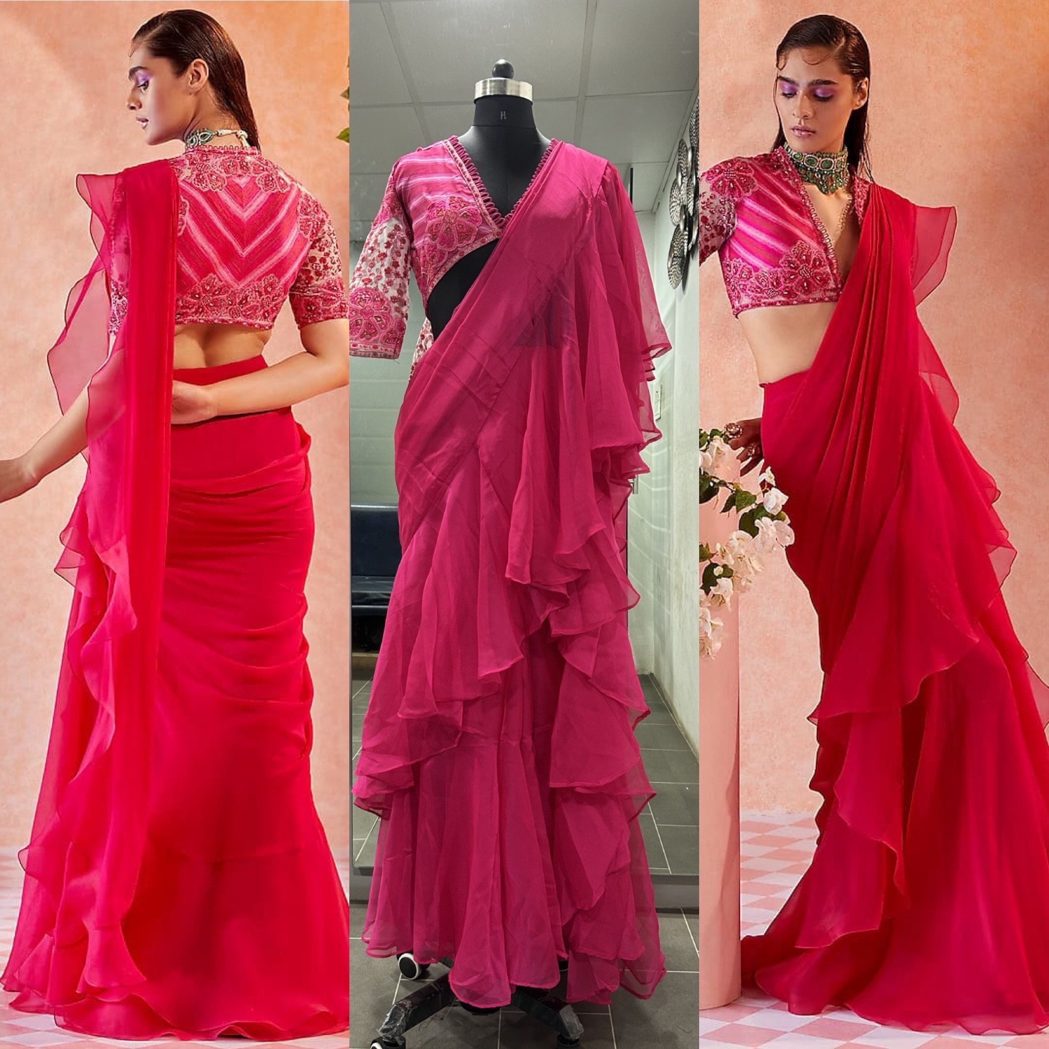 Ready to Wear Skirt Style Ruffle Saree With Stitched Blouse for