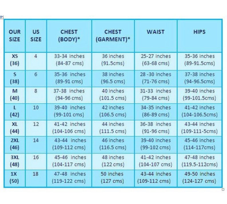 May include: A size chart detailing measurements in inches and centimetres. The chart includes sizes XS to 1X, with corresponding US sizes, chest (body and garment), waist, and hip measurements. The chart is on a white background.