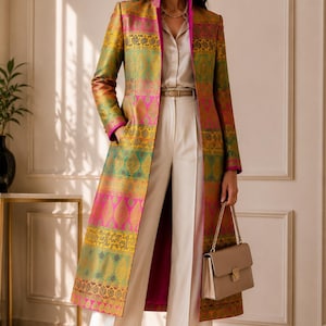 May include: A long, open-front coat featuring a vibrant, multi-coloured brocade pattern in shades of gold, green, and magenta. The coat is worn over a light-coloured button-down shirt and wide-leg trousers, paired with a beige handbag and pointed heels.
