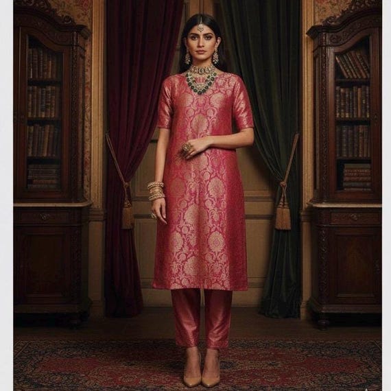 Brocade Kurta Pant Suit Indian Pakistani Silk Salwar Kameez