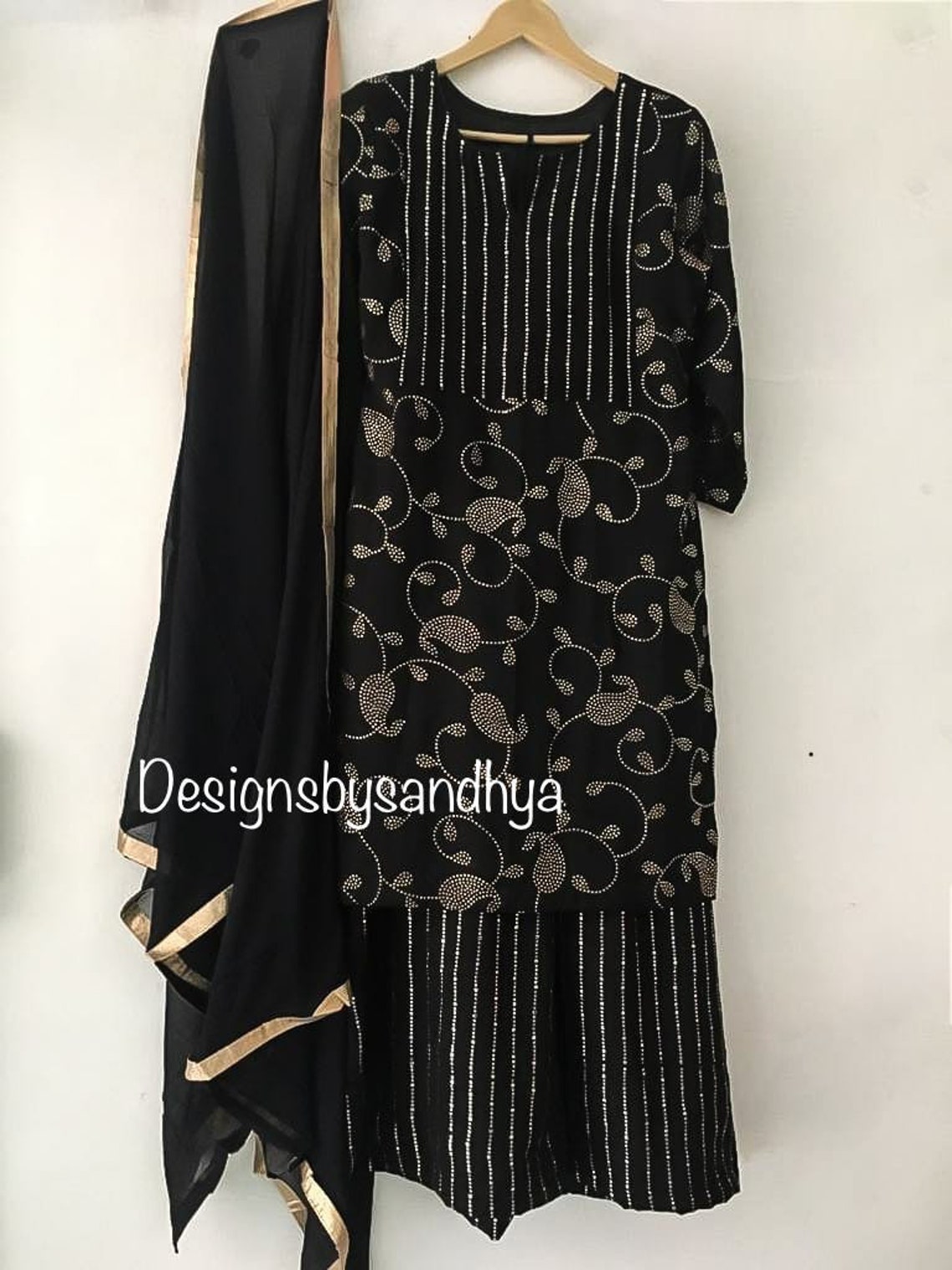 Black mukesh work georgette short kameez flaired plazzo dress | Etsy