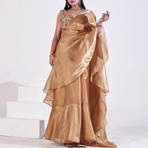 Gold Sequin Blouse Pre-Stitched Ruffle Saree: Indo Western Wedding Wear