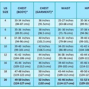 May include: A light blue sizing chart table with dark blue text and grid lines. The chart lists US sizes 4 through 20 and corresponding measurements in inches and centimeters for chest, waist, and hips, including body and garment chest dimensions.