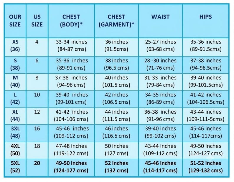May include: A light blue sizing chart table with dark blue text and grid lines. The chart lists US sizes 4 through 20 and corresponding measurements in inches and centimeters for chest, waist, and hips, including body and garment chest dimensions.