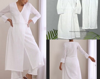 Baumwolle Leinen Tunika Set Kurta Hose für Damen Lounge Wear Wrap Co-Ord Set Palazzo Hose Lose Kurti Top