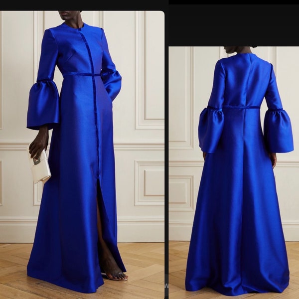 Vêtements musulmans bleu soie abaya dubai caftan pour dames coupe ample jalabiya