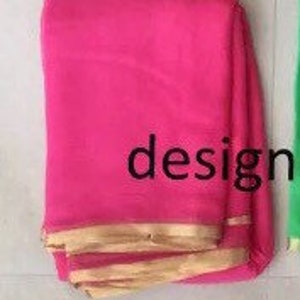 Pink chiffon saree with golden border & silk blouse custom made to order womens wedding party wear sari plain sarees image 2