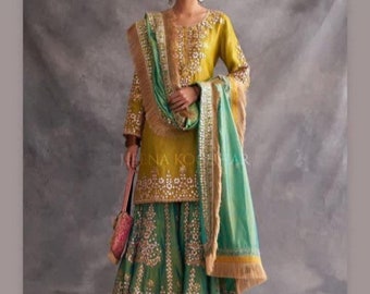 Designer yellow Kurta Sharara Dupatta set Embroidered Pakistani Salwar Kameez Readymade Dresses