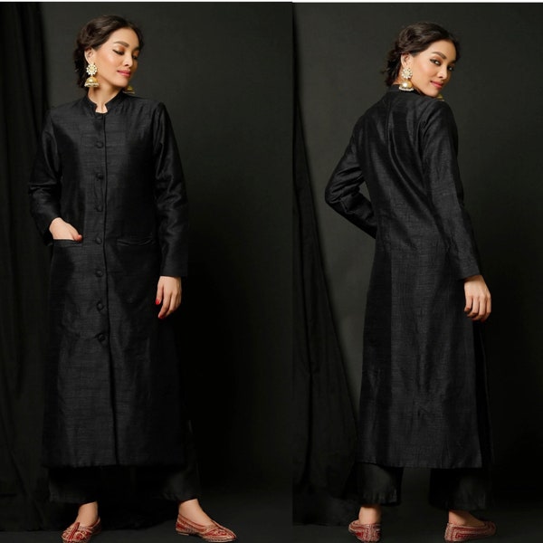 Ensembles kurta en soie brute noire pour femme pantalon palazzo costume pendjabi tenue personnalisée robes indiennes pour vêtements pakistanais grande taille