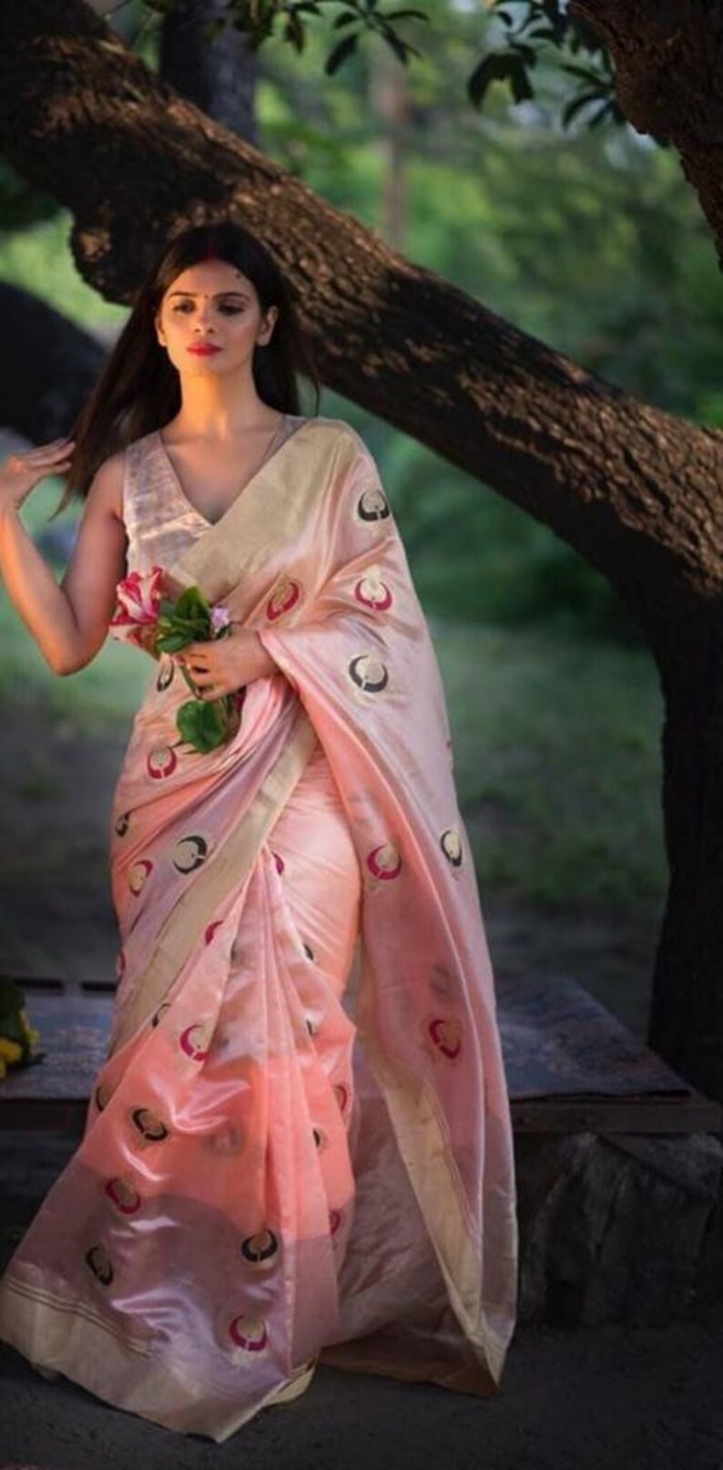 Pure Chanderi Pattu Indian Silk Pink Gold Sarees Meenakari Etsy