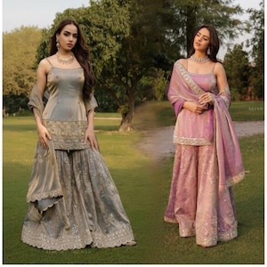 Abito Punjabi su misura: abito Shimmer Sharara, ricamo Zari, vestibilità personalizzata