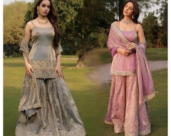 Custom made Punjabi Suit: Shimmer Sharara Dress, Zari Embroidery, Custom Fit