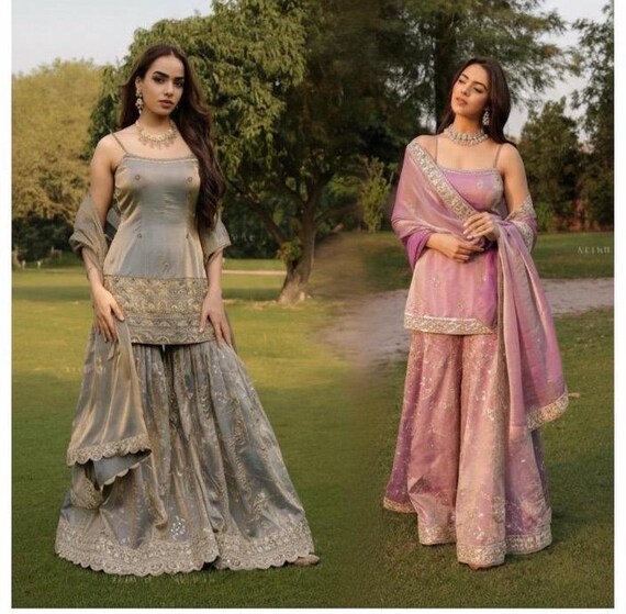 Custom made Punjabi Suit: Shimmer Sharara Dress, Zari Embroidery, Custom Fit