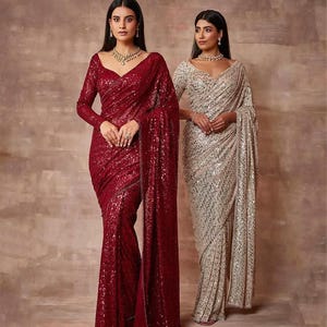 Pre stitched Sequin Saree Ready to Wear Embellished Party Wear Indian Saree Bridal Reception Outfit