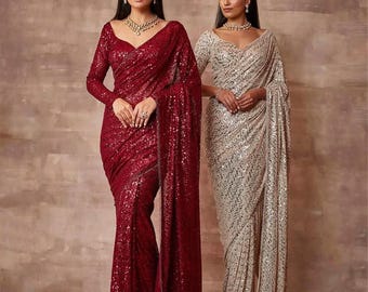 Sequin Saree: Pre-Stitched Indian Party Wear - Shimmer Net