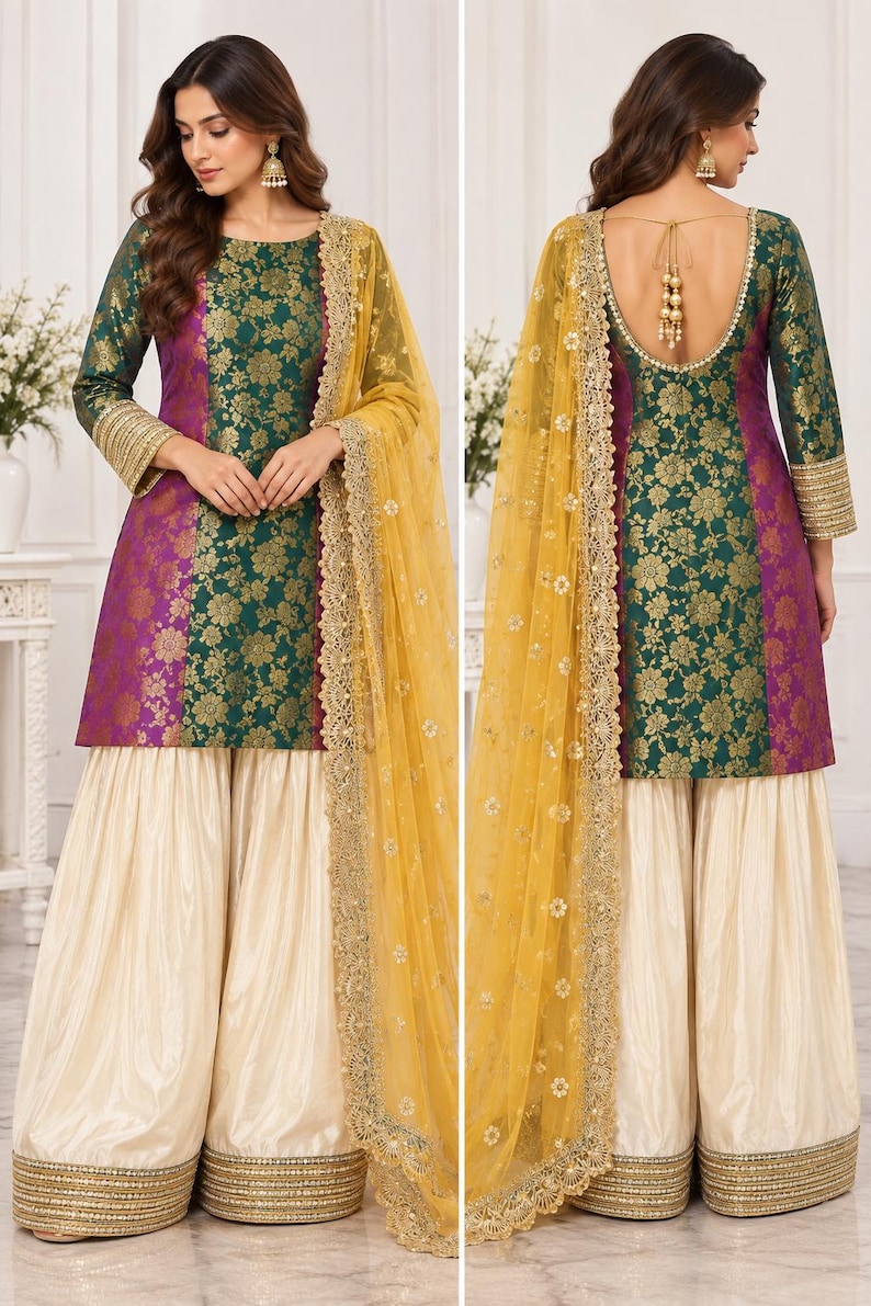 Buy Green Purple Brocade Farshi Salwar Suit, Indian Wedding Guest ...