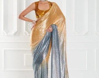 Gold sequin saree for USA women georgette party wear sarees