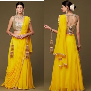 Pre Stitched Saree with Gold sequin readymade blouse