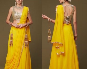 Pre Stitched Saree with Gold sequin readymade blouse