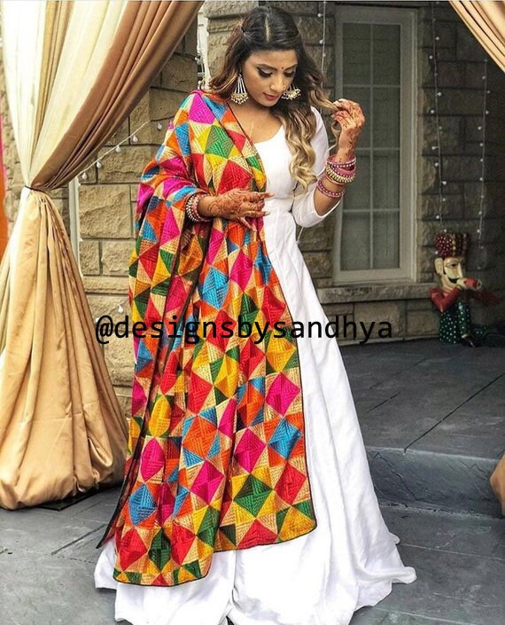 white dress with colorful dupatta