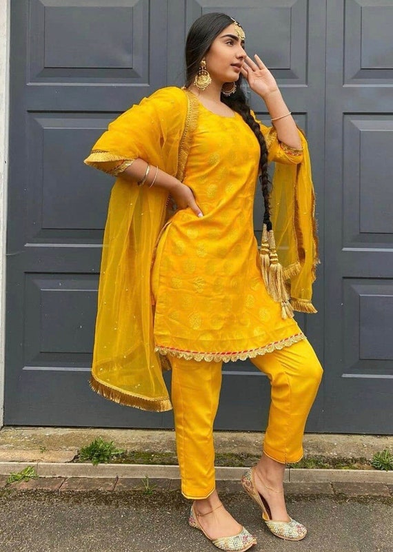 Set of 3: Golden Yellow Khadi Blazer With Kurta and Pants – TJORI