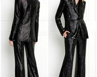 Black Sequin Blazer suit formal pantsuit for women Jacket trouser combo party wedding wear coat