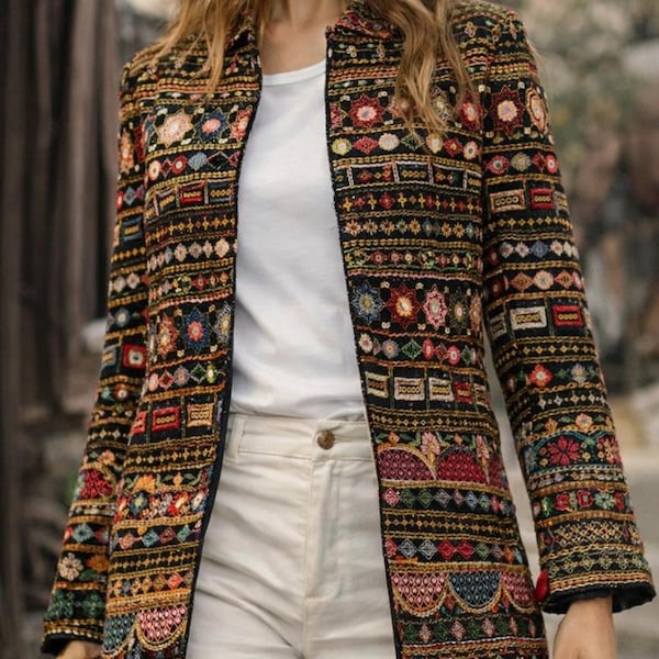 Embroidered Boho Navy Blue Jacket Handmade Ethnic Long Coat, Festival Outerwear