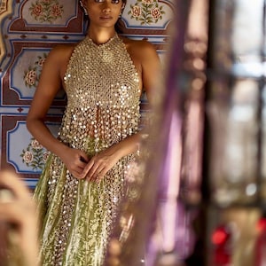Può includere: Una donna indossa un top dorato con paillettes e una gonna verde. Il top ha una frangia di paillettes pendenti. Lo sfondo è un muro con motivi floreali blu, rossi e dorati. Stile tradizionale.