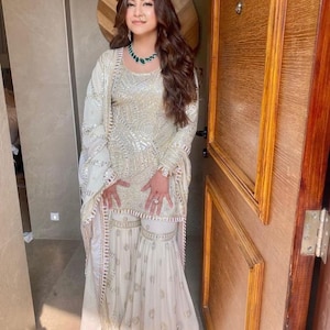 White Sharara dresses georgette salwar Kameez Punjabi suits Pakistani Gharara Readymade stitched palazzo